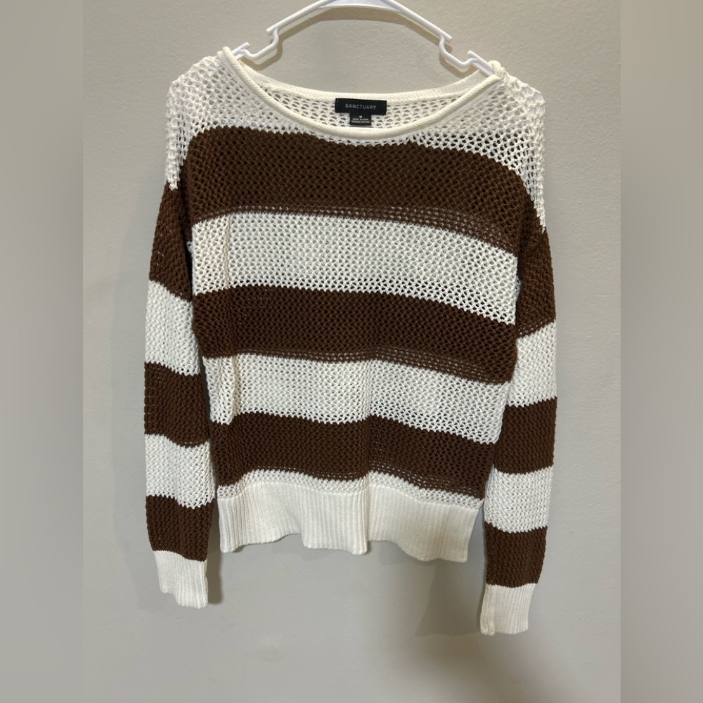 Sanctuary Brown & white Striped Open Knit Sweater Size M 0221 B2
